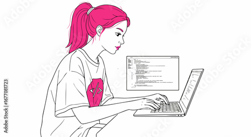 Young woman using laptop for coding, demonstrating software development and writing code. Software development includes modern tech for web development and programming.