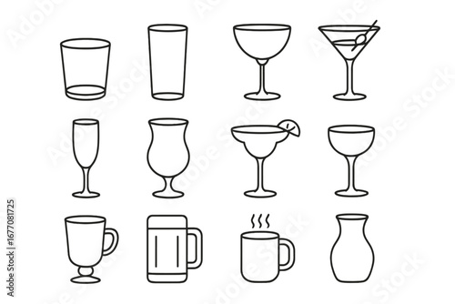 Drink and cocktail glasses vector outline icon set. Linear pictogram collection for bar, pub or restaurant menu. Simple glassware symbols for water, wine, beer, and party beverages.