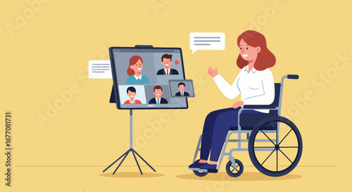 Wheelchair user participates in online conference, joining colleagues remotely on a digital display. Online conference shows people connecting for a meeting, empowering inclusion and accessibility.