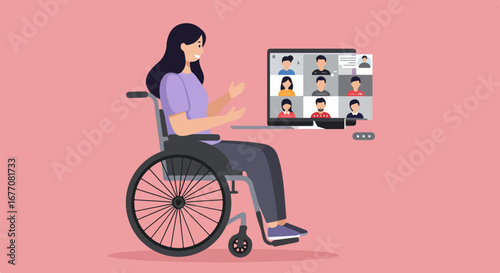 Woman in wheelchair during online meeting for accessibility, a symbol of inclusivity, and modern communication. Online meeting shows diversity and inclusion.
