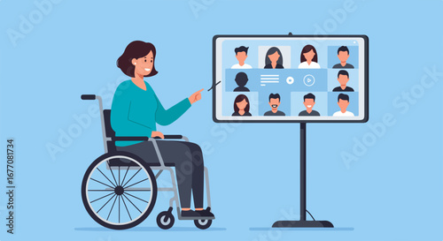 Woman in wheelchair on virtual meeting with team. Virtual meeting scenario portrays online conference and collaboration with a diverse group of people. Consider virtual meeting for webinars,
