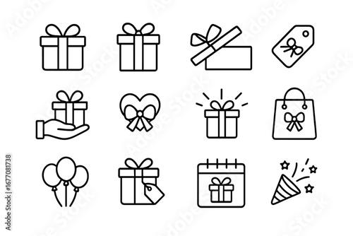 Gift and present outline icon set for celebration, birthday, holiday. Vector linear symbols collection. Present box, surprise, party popper pictogram. Editable stroke graphic.