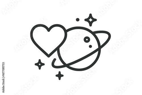 Heart with planet and stars outline icon. Celestial love concept. Cosmic romance symbol. Vector illustration for universe, space, astronomy, and valentine's day themes.