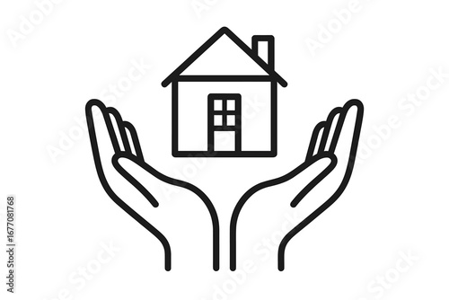 House in hands icon. Home care and protection symbol. Real estate, property insurance, and mortgage concept. Family safety, support, and security. Shelter sign. Vector logo.