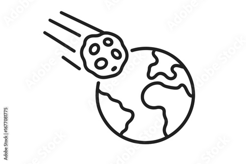 Asteroid approaching planet Earth. Meteor impact threat, global catastrophe, and doomsday concept. Armageddon, extinction event, disaster symbol. Linear icon for web, apps.