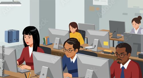 Employees working at office workstations, a modern office scene showing staff using computers. Office workstations offer dynamic environments,