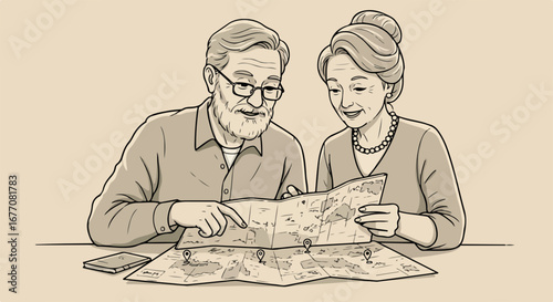 Senior couple planning a trip, consulting map with attentive consideration, Senior couple discusses upcoming adventure with focused examination, enjoying their golden years. Senior couple,
