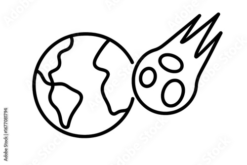Meteor asteroid impact on planet earth. Comet hitting globe. Apocalypse, armageddon and extinction concept. End of the world catastrophe. Linear outline vector icon illustration.
