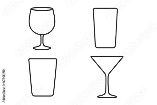 Glass outline icon set. Simple linear image collection of glassware for drinks, cocktails, and wine. Editable stroke vector illustration for web, apps, bar menus, and design.