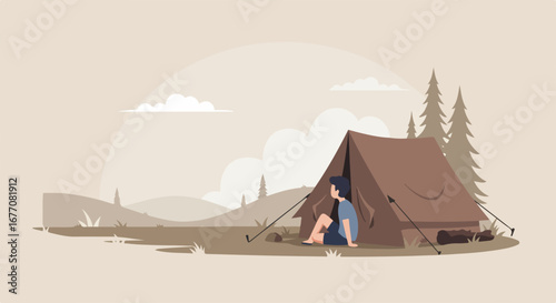 Camping trip adventure with solo traveler near tent among mountains and forest, enjoying nature. Camping trip is relaxing in nature. Planning camping trip for upcoming vacation.