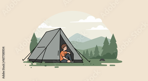 Camping trip depiction with a tent and camper enjoying outdoors amidst a mountain backdrop. Camping trip showcases person sitting in tent, surrounded by trees and mountains,