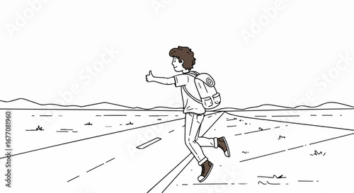 Hitchhiking on road with backpack on a deserted road and mountains in background. Hitchhiking adventure brings freedom and a different way of travel. Enjoy hitchhiking with a travel buddy.
