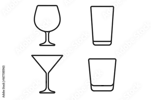 Glassware line icon set. Bar glasses outline collection. Brandy, martini, whiskey, tumbler drink icons. Simple linear pictogram for web. Editable stroke vector illustration.