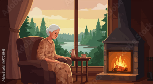 Woman sitting indoors offers cozy home scene by fireplace and large window, enjoying nature view. Cozy home ambience includes peaceful moments in nature, offering tranquility, comfort,