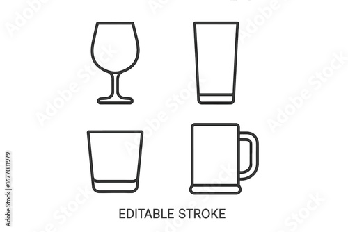 Glassware line icon set. Collection of simple outline vector icons for various drinks. Wine glass, beer mug, whiskey tumbler, and water cup symbols. Editable stroke for web.