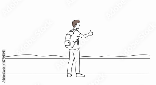 Hitchhiking on road with backpack and thumb up, waiting for ride. Hitchhiking for travelling shown with man with backpack, standing on roadside. Concept of hitchhiking on road for adventure.