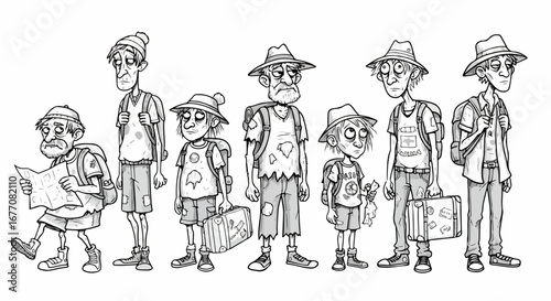 Diverse tourist group ready for adventure with luggage and travel map. This tourist group features characters in casual wear, each holding vintage suitcases and backpacks.