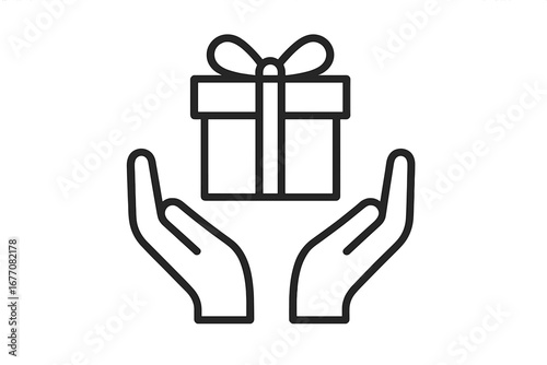 Hands holding gift box icon. Present, giving, receiving, charity, donation concept. Vector outline symbol for web design, apps. Loyalty program, bonus, surprise illustration.