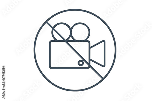 No video camera allowed sign. Filming prohibited symbol. No recording vector line icon. Privacy concept, confidential, restricted area notice. Stop video pictogram for web, app design.