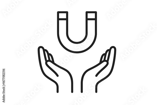 Magnet over open hands icon. Concept of attraction, customer acquisition, and lead generation. Inbound marketing and engagement symbol. Minimalistic vector for web and apps.