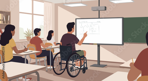 Inclusive classroom with student presenting science work on whiteboard in spacious area.
