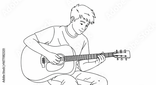 Man playing guitar with acoustic instrument. Playing guitar requires skill and concentration, as shown by his focused gaze and the precise position of his fingers on strings.