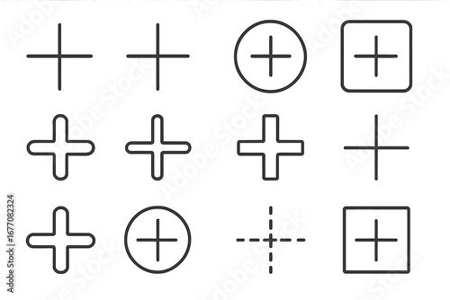Plus sign line icon collection. Add button symbol set for web and graphic design. Simple outline cross for mobile app interface. Vector positive, more, new, create pictogram.