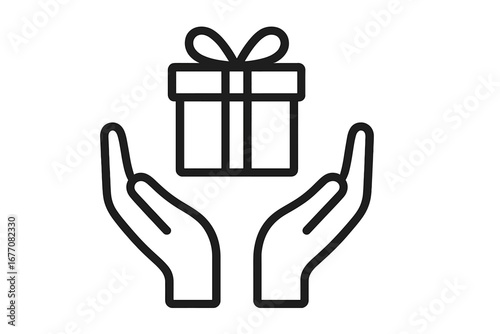 Gift in hand icon. Present, donation, and charity concept. Symbol of giving, receiving, and support. Bonus or loyalty program reward sign. Vector line art for celebration.