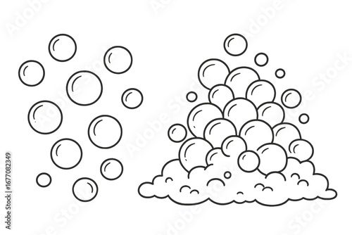 Simple soap bubble and foam line icon set. Vector cartoon illustration of suds, effervescent pop, and carbonated water bubbles. Cleaning concept graphic on transparent background.