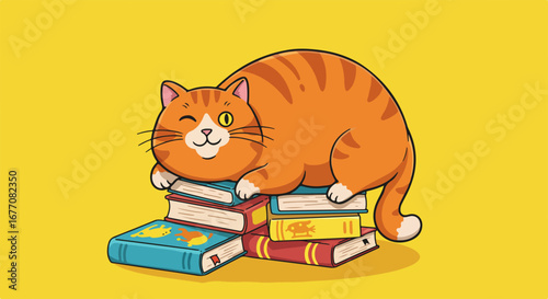 Adorable ginger cat napping on stack of books, charming scene of feline relaxation. Ginger cat amidst literature provides cozy and heartwarming image.