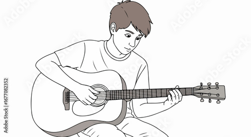 Young man playing guitar, enjoying his hobby, and practicing chords. Playing guitar is great way to relax and develop musical talent,