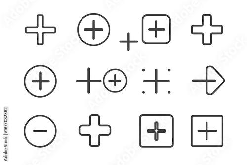 Plus sign line icon set. Add, more, positive, and addition symbols. Collection of outline vector icons for web design, UI, UX, apps, and buttons. Includes minus sign.