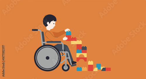 Wheelchair bound child plays with building blocks on orange background, showcasing inclusive play. This illustration emphasizes a wheelchair bound child using colorful building blocks to create tower.