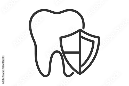 Tooth protection icon with a shield. Concept of dental care, insurance, and oral health. Stomatology logo. Vector line illustration for dentist, clinic, web, and app design.