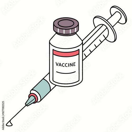 Minimilist isometric view of a vaccine vial with label and a syringe with a drop at the needle tip illustration vector