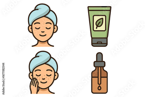 Skincare routine steps icon set. Woman face with clean skin and acne problem. Facial beauty treatment concept with cosmetic cream tube and serum oil bottle. Vector icons.
