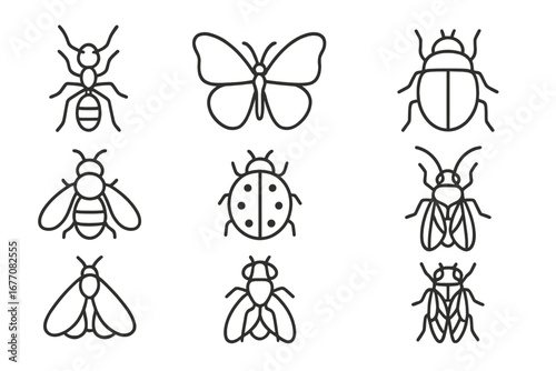 Insect icon collection. Bug outline set. Ant, butterfly, beetle, bee, ladybug, fly, moth, cicada thin line symbols. Editable stroke. Simple minimalist vector illustration.