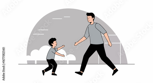 Father and son enjoying playtime outdoors. Dad and child spend quality time together in park. Happy family moment, perfect for Father's Day cards and family blogs.