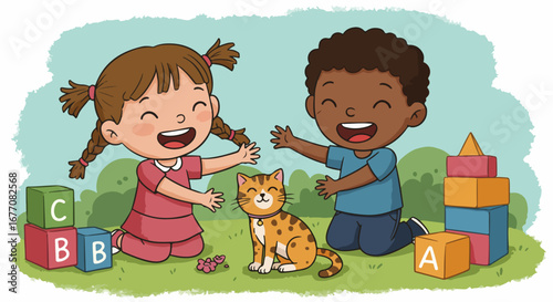 Two cute children playing with cat together in backyard garden with alphabet blocks. Cute children are joyfully spending playtime with their feline pet, laughing, bonding, and smiling cheerfully.