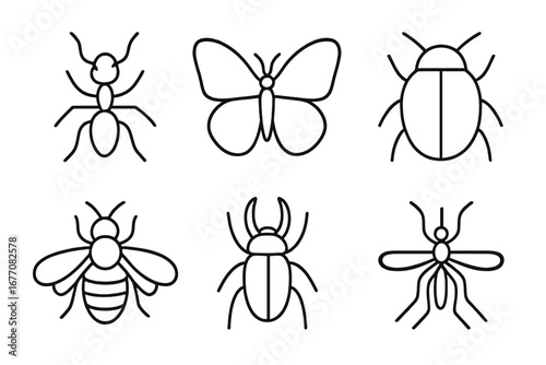 Insect outline icon set. Ant, butterfly, beetle, bee, stag beetle, mosquito. Simple animal line art collection. Editable stroke vector. Bug wildlife pictograms for design.