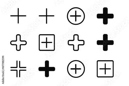 Plus sign icon set for web and mobile apps. Add, more, and zoom in symbols. Vector collection of positive, cross, and addition buttons for UI, UX, and graphic design.