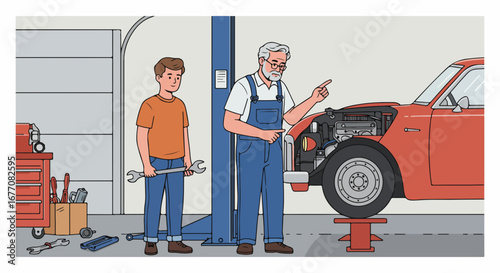 Car repair together, grandfather and grandson are seen working on vintage vehicle in garage. Car repair involves family tradition and expertise passed down through generations.
