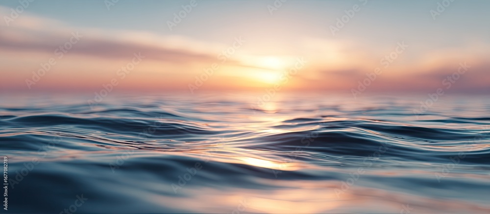 Obraz premium Gentle ocean waves at sunset. Soft, blurry water surface reflecting golden, peach-toned sunset light, with hazy clouds. A close-up view shows the texture of rippling water