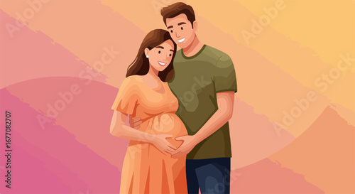Expecting parents embracing pregnant belly. Happy couple awaiting baby arrival.  Pregnancy announcement design for social media post.