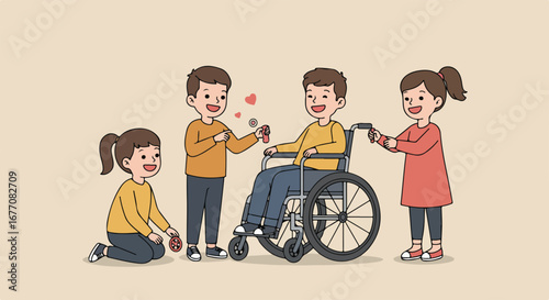 Happy children giving gifts to friend in wheelchair.  Caring kids sharing joy and presents with disabled classmate. Inclusive friendship scene for children's book illustration or social campaign.