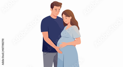 Expectant parents embracing pregnant belly. Happy couple anticipating new baby arrival.  Tender moment for parents to be.  Image perfect for pregnancy announcements or baby shower invitations.