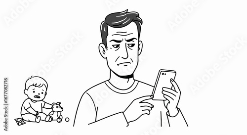 Father ignoring crying baby while using smartphone. Dad distracted by phone neglecting child needs. Illustration depicts parental smartphone addiction.