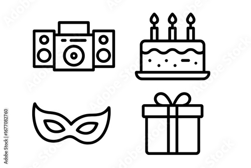 Party line icon set, modern vector collection for design, websites, apps, cards including musical center, birthday cake with candles, masquerade mask, gift box present, celebration symbols