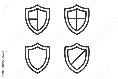 Security shield icon collection. Vector linear symbols of protection, safety, and defense. Guard sign for web and app interface. Secure data concepts. Antivirus badge pictogram set.