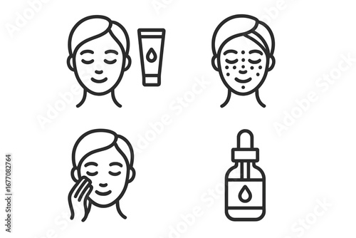 Skincare routine minimal icon set. Face care cosmetic pictograms. Beauty treatment, applying cream, serum oil bottle, acne problem skin. Line art vector for web and apps.